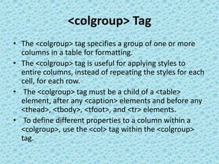 Table Colgroup, Html Table Colgroup, Table Column Styling, Col Element, Span Attribute, Css Properties For Colgroup, Multiple Col Elements, Empty Colgroups, Hiding Table Columns