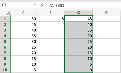 Excel Subtraction -